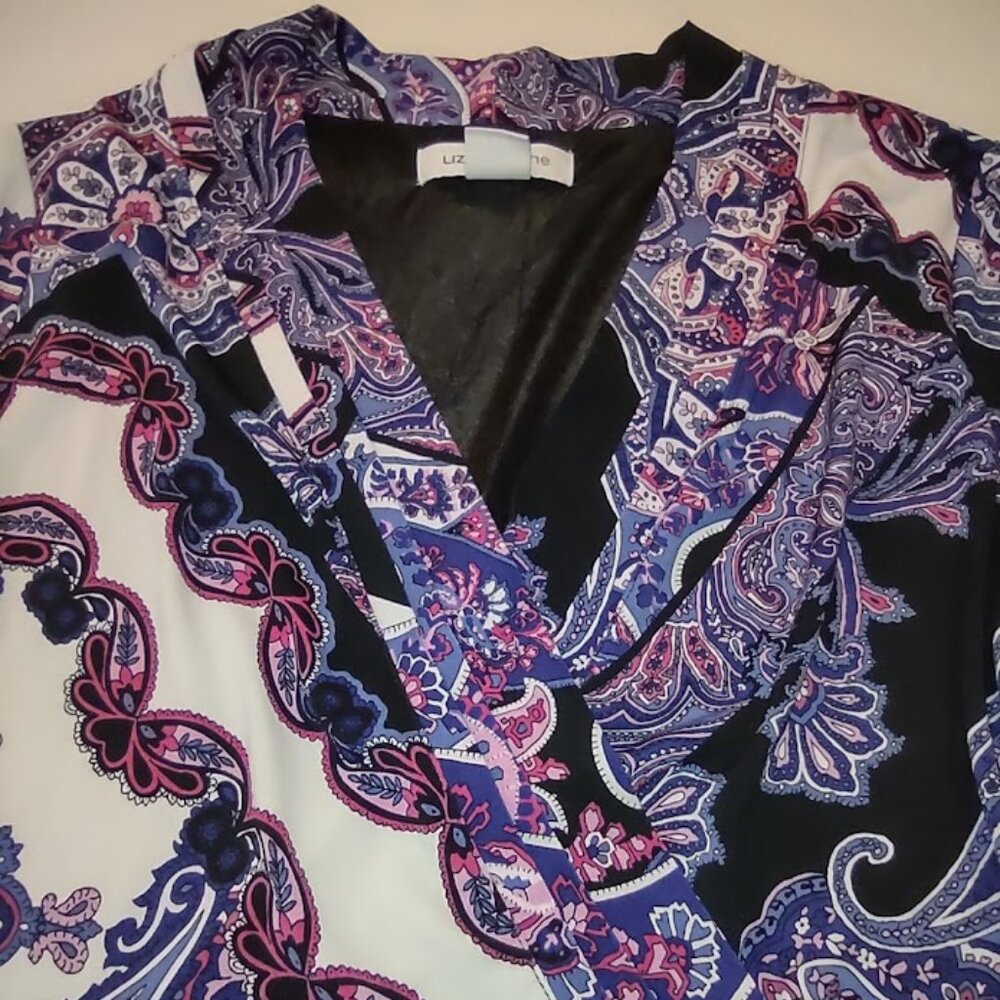 Liz Claiborne Faux Wrap Purple and White Paisley 3/4 Sleeve V-Neck Dress women S